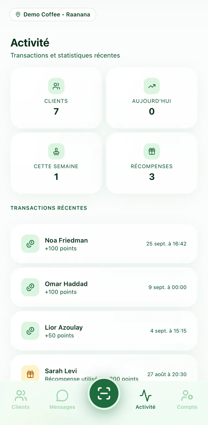 Écran Activité de l'app Moadon Sheli