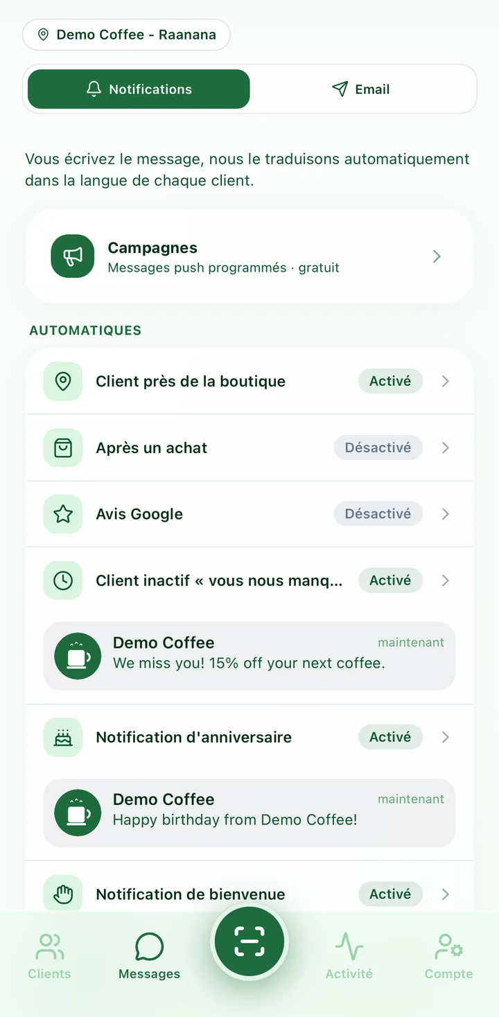Écran Messages de l'app Moadon Sheli